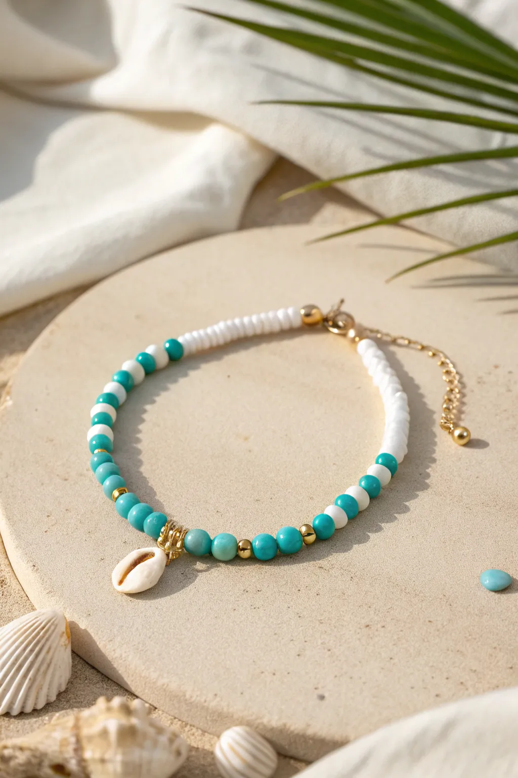 Turquoise and white clay heishi bracelet with a cowrie charm, perfect for summer layering.