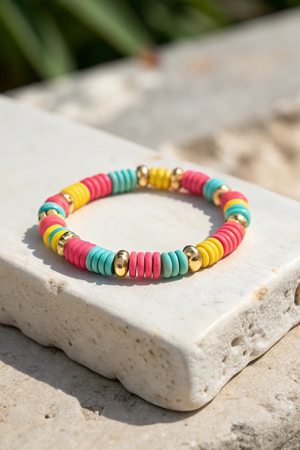 Resort-glam clay bead bracelet stack with gold spacers and bold summer hues in crisp sunlight.