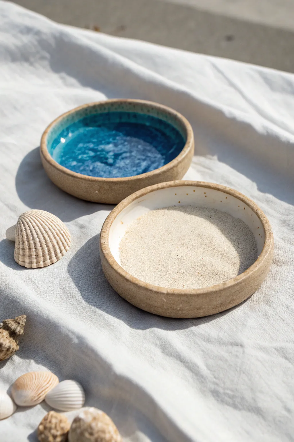 Sandy beach trinket dishes in matte sand and bold ocean blue, simple summer clay decor