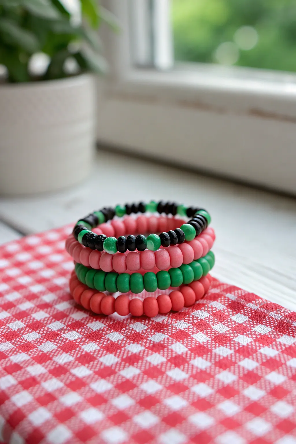 Watermelon picnic color blocking: bright clay bead bracelet stack on gingham, summer-ready
