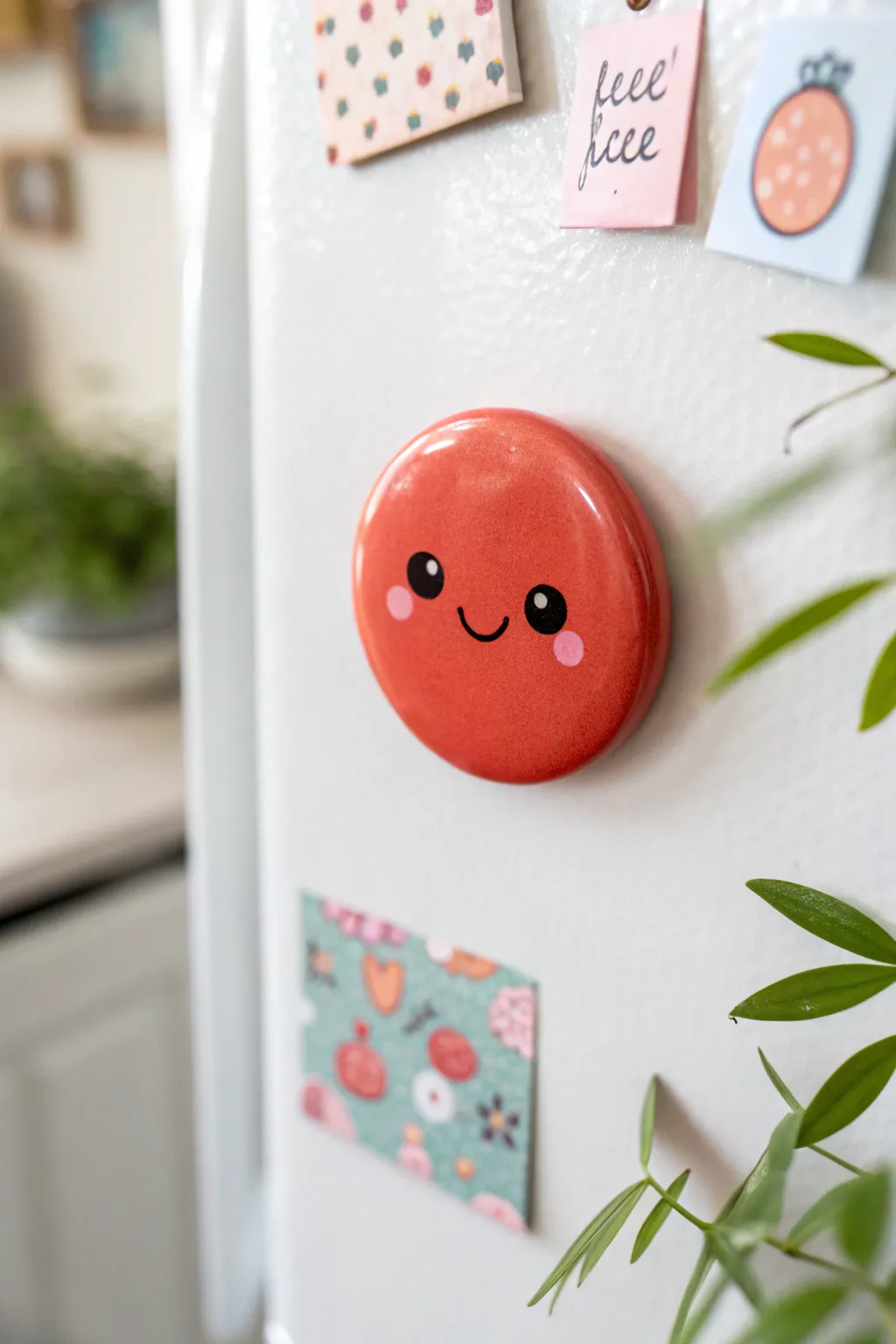 Sweet DIY kawaii clay face magnet in bold coral, minimalist style for your fridge.
