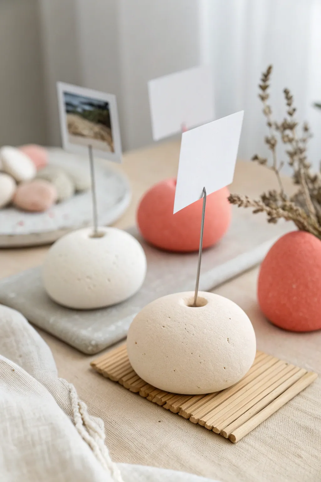 Foam clay pebble photo holder in soft neutrals with one bold accent, simple and handmade.