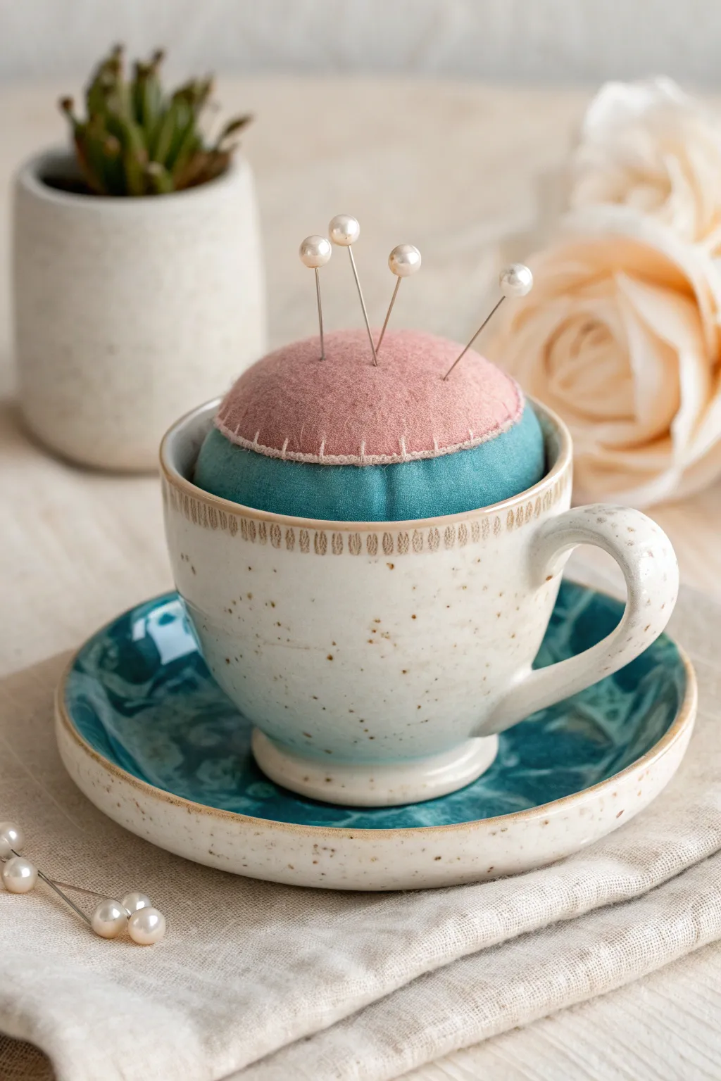 Turn a favorite teacup into a chic pincushion for a sweet, tidy little craft corner.