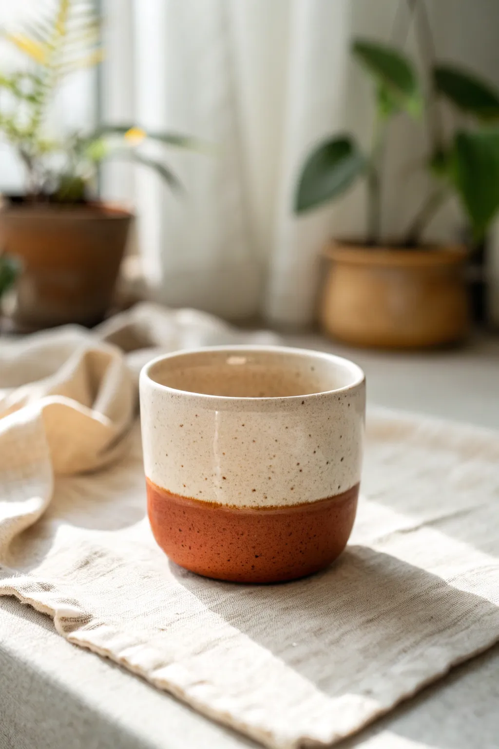 Minimal two-tone dipped glaze tea cup with a sharp line and bold earthy contrast.