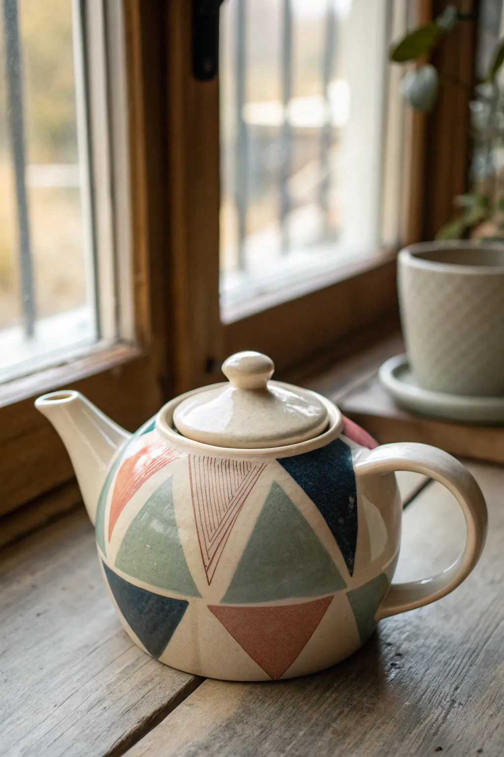 Modern geometric color-block teapot in muted tones with crisp white lines and boho charm