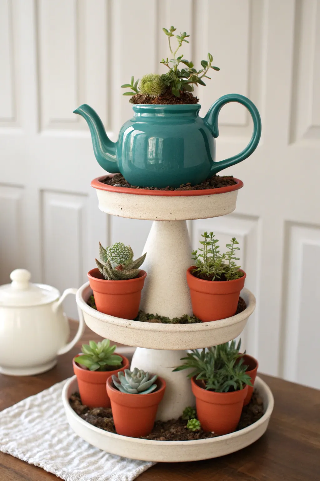 Tiered teapot planter centerpiece with simple greenery, minimal styling, and bold boho color contrast