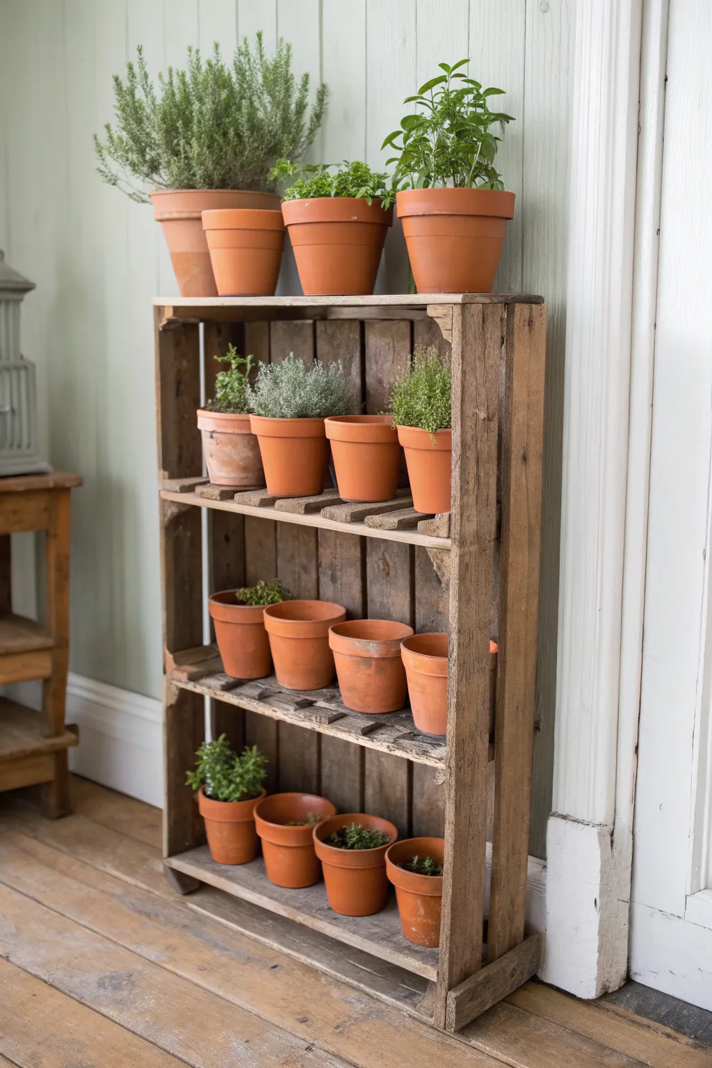 Rustic crate shelf with terracotta pots brings warm, minimalist charm to any garden corner.