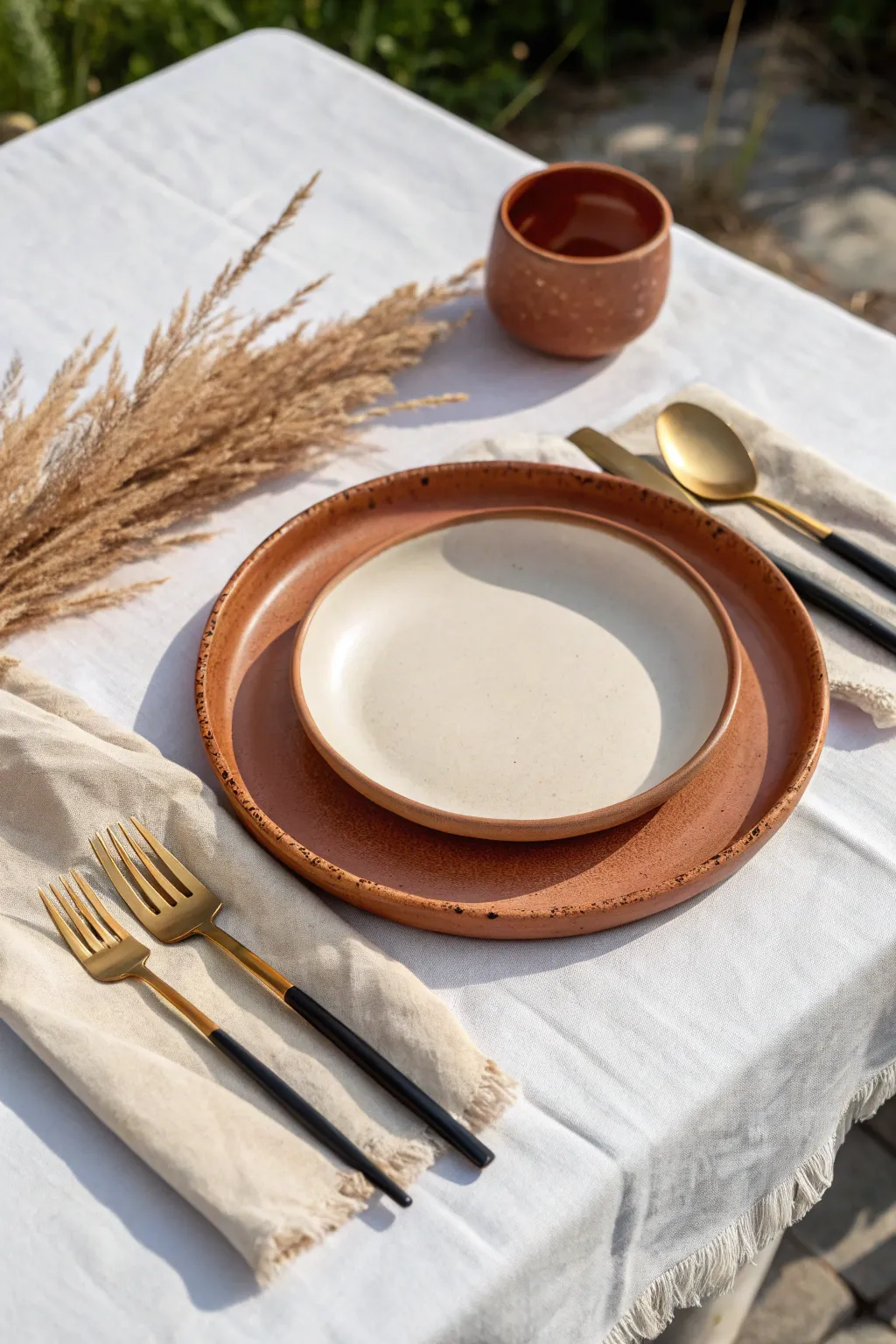 Terracotta charger with cream plate and soft linen napkin for a warm, minimalist wedding table.