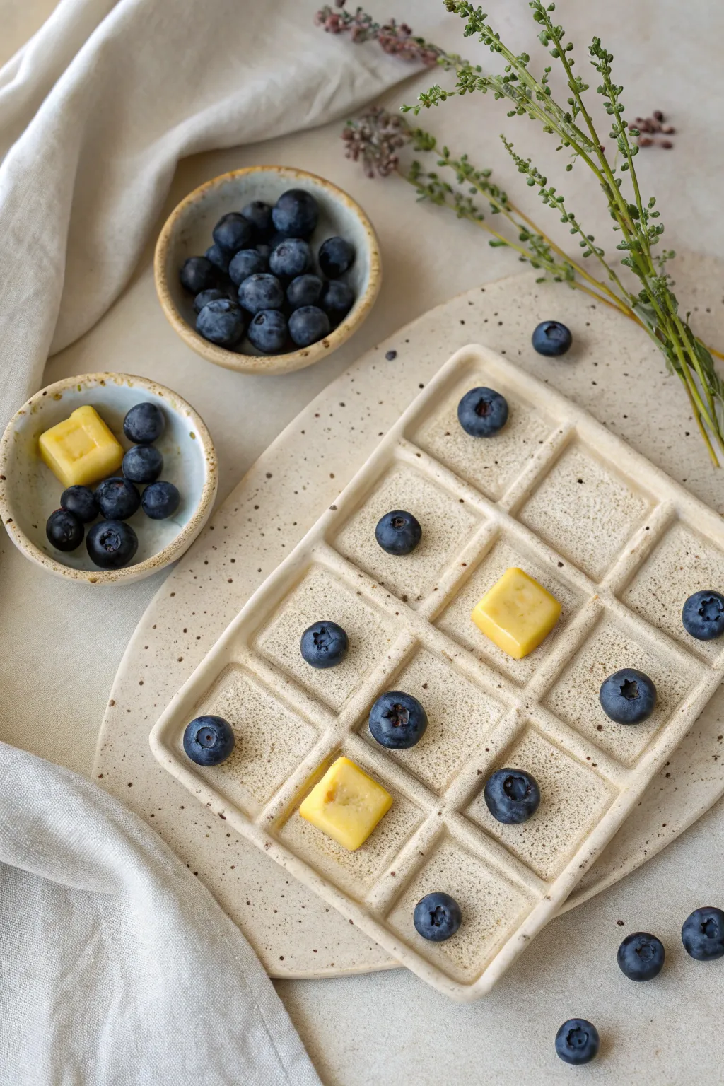 Sweet clay tic tac toe: waffle board with blueberry vs butter tokens for dessert play.