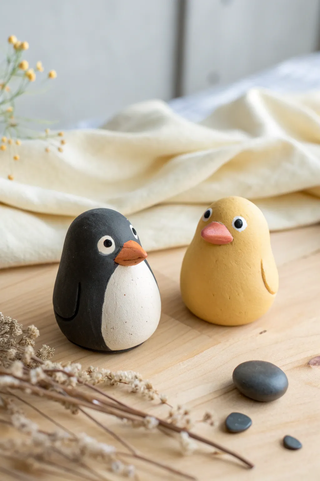 Two tiny round clay friends: a minimalist penguin and duck in bold colors, pure charm