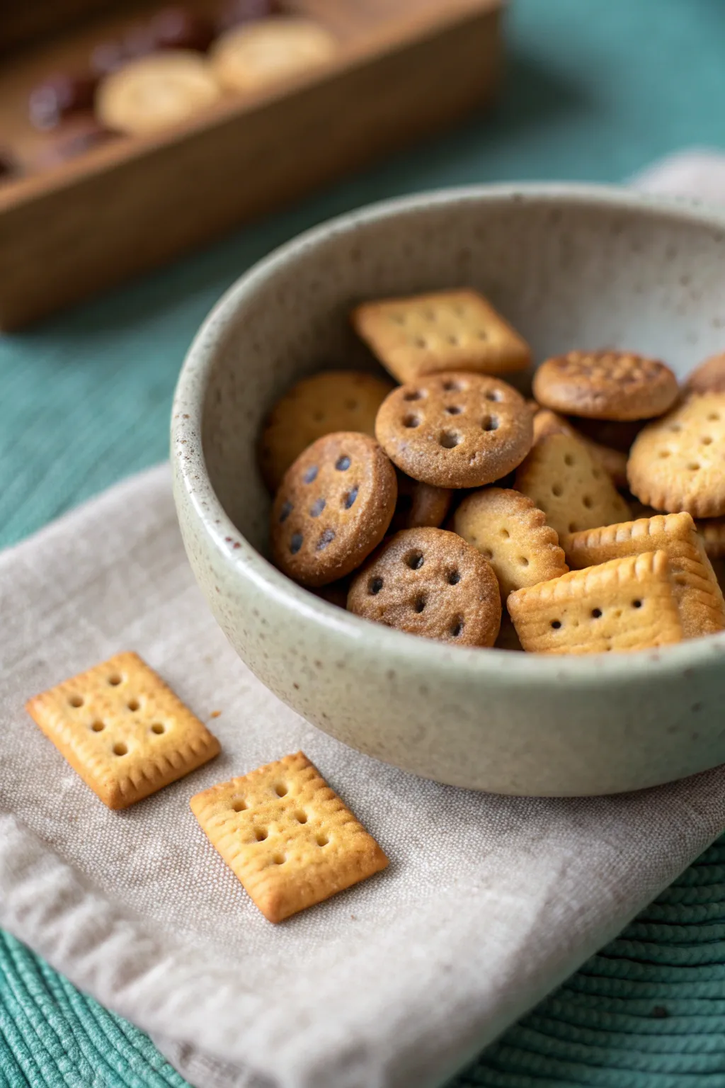 Tiny polymer clay cookie and cracker bite set, warm baked tones on a clean minimalist backdrop.