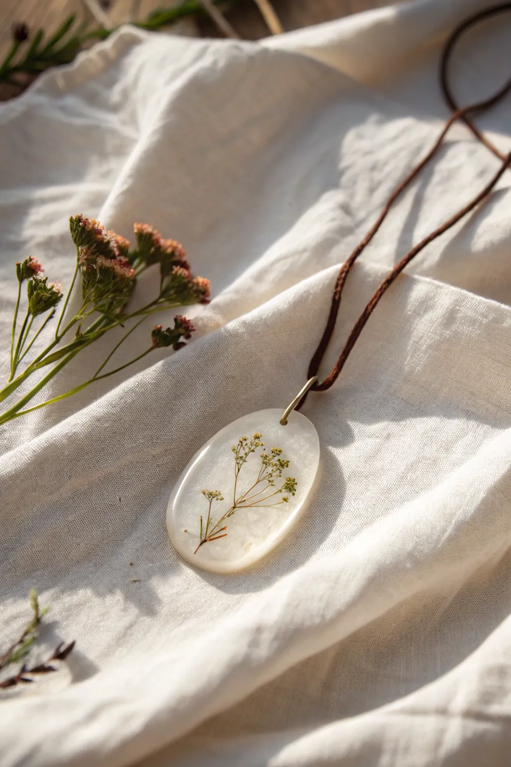 Oval translucent clay pendant with a floating botanical inclusion, styled on linen in warm light