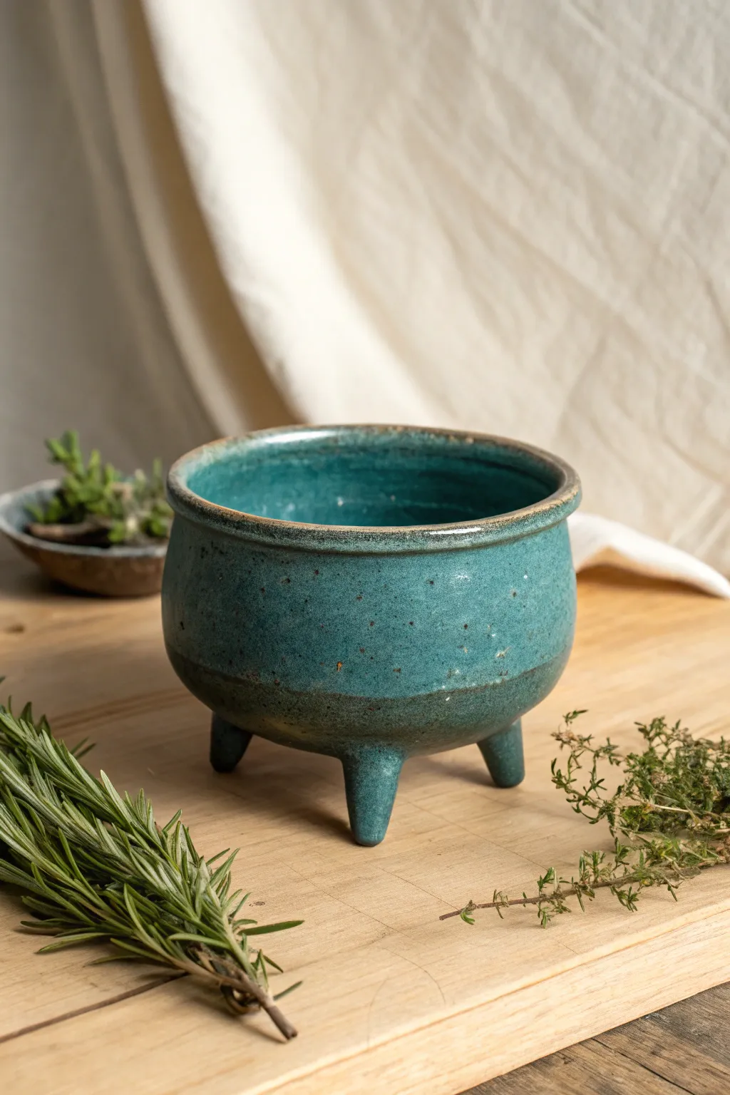Minimalist tripod herb pot with wide opening, bold glaze, and fresh sprigs on neutral linen