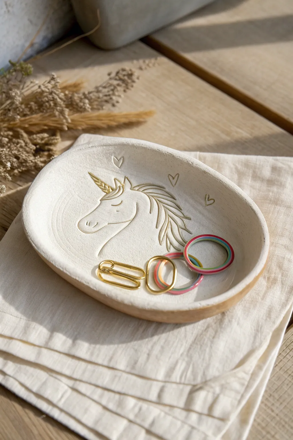 Rainbow-mane unicorn trinket tray—simple clay project that brightens any minimalist vanity.