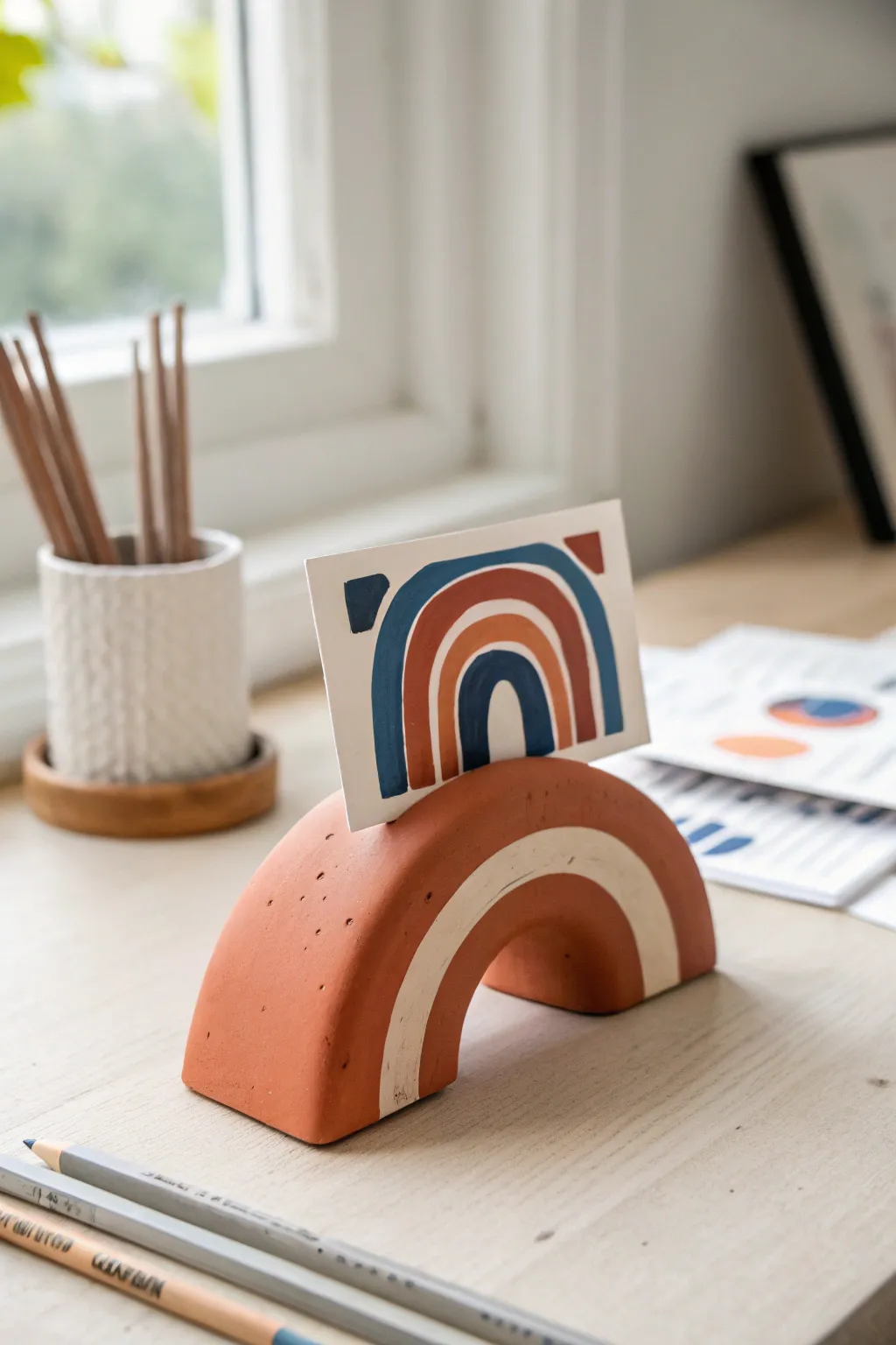 Minimal arched air dry clay card holder, bold color pop on a serene Scandinavian desk