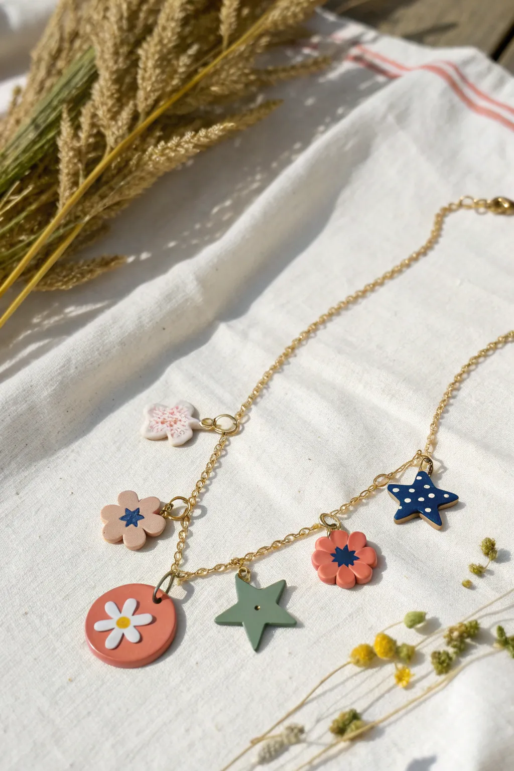 Playful handmade clay charm necklace in bold, coordinated colors with a clean Scandi boho flat lay