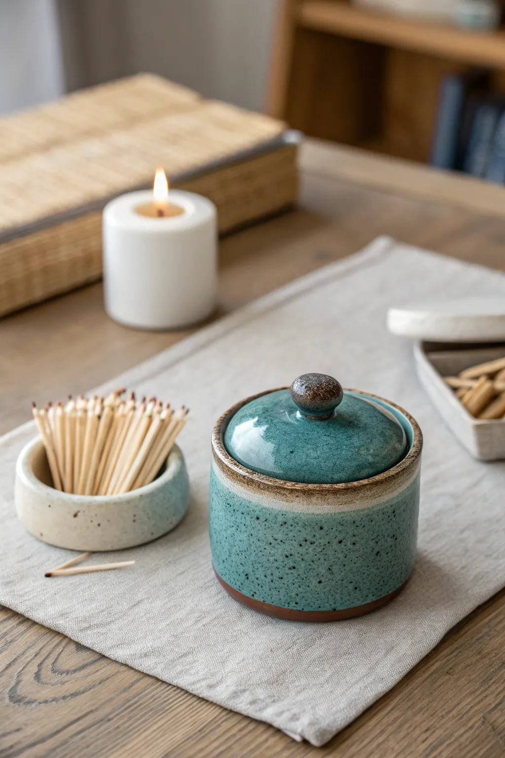 Tiny match striker pot for your coffee table, a chic handmade detail beside a cozy candle.