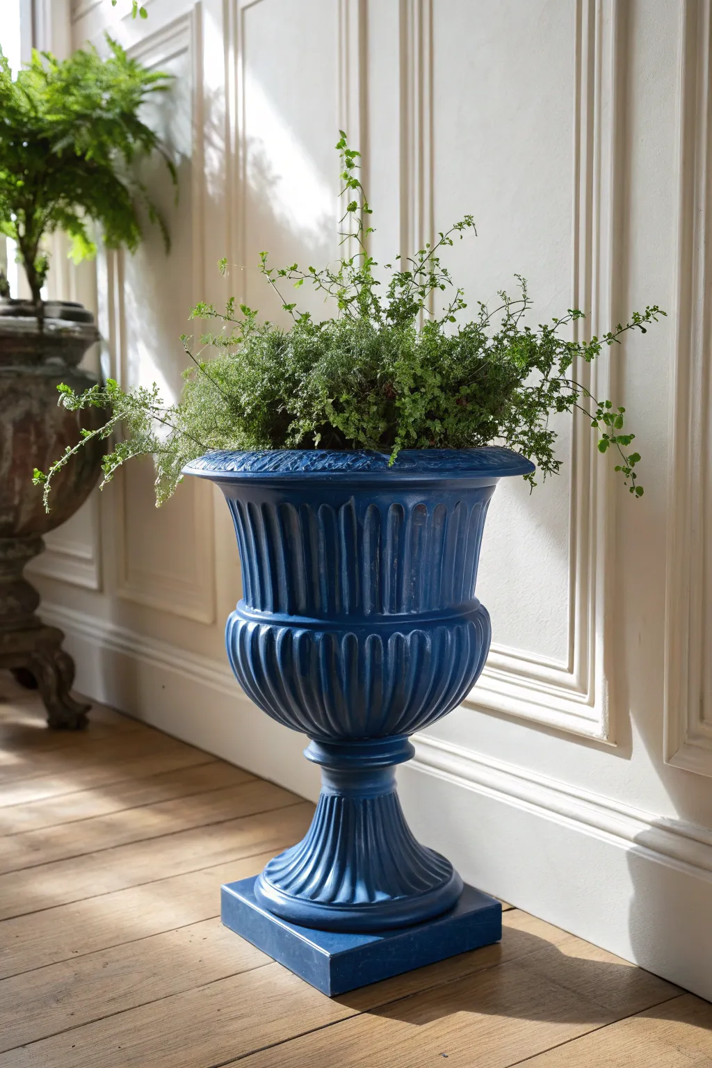 Ribbed pedestal urn planter with simple greenery in soft shade, letting the sculptural grooves shine.