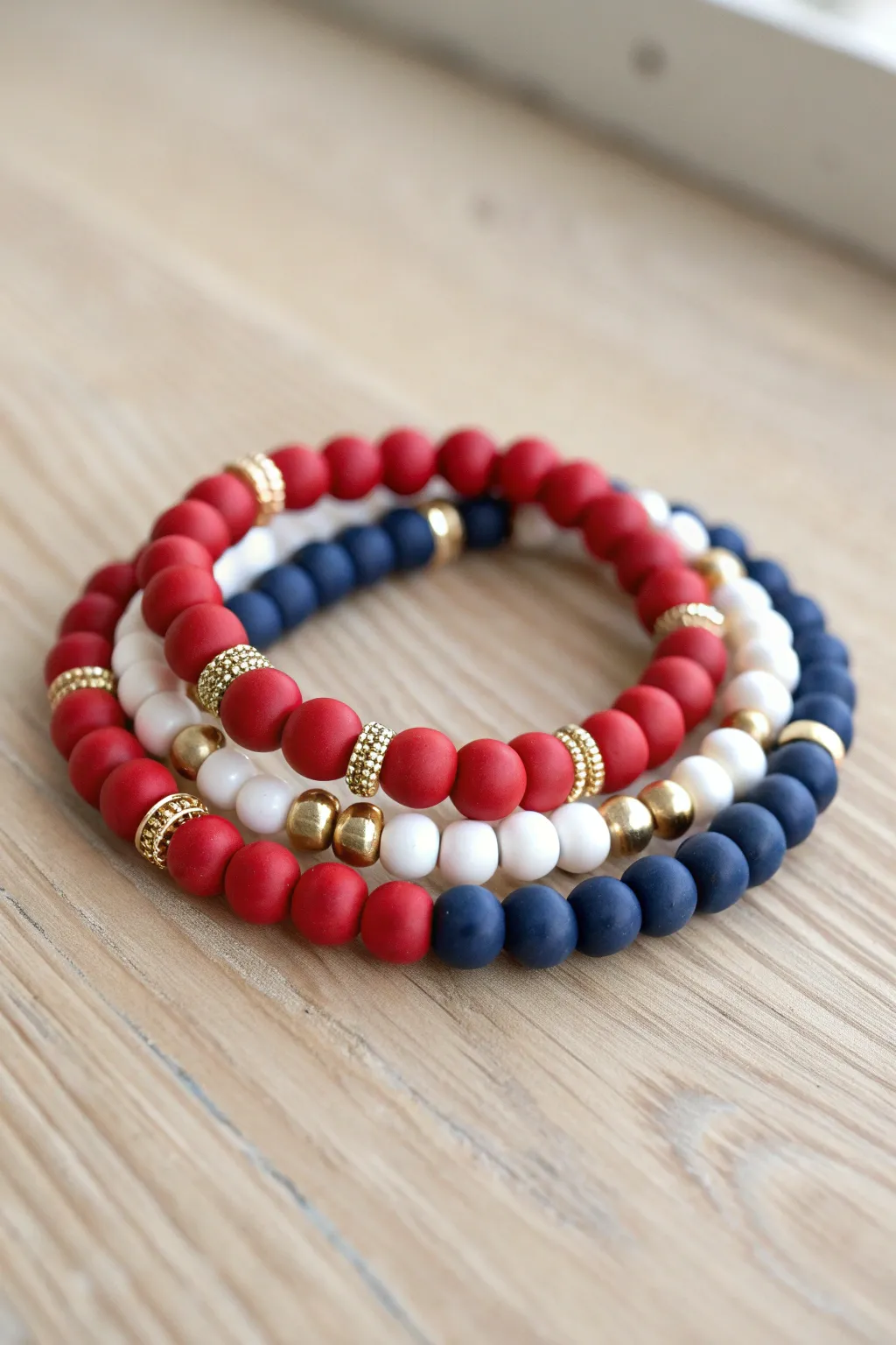 Metallic spacer firecracker stack in red, white, and blue for a chic 4th of July vibe