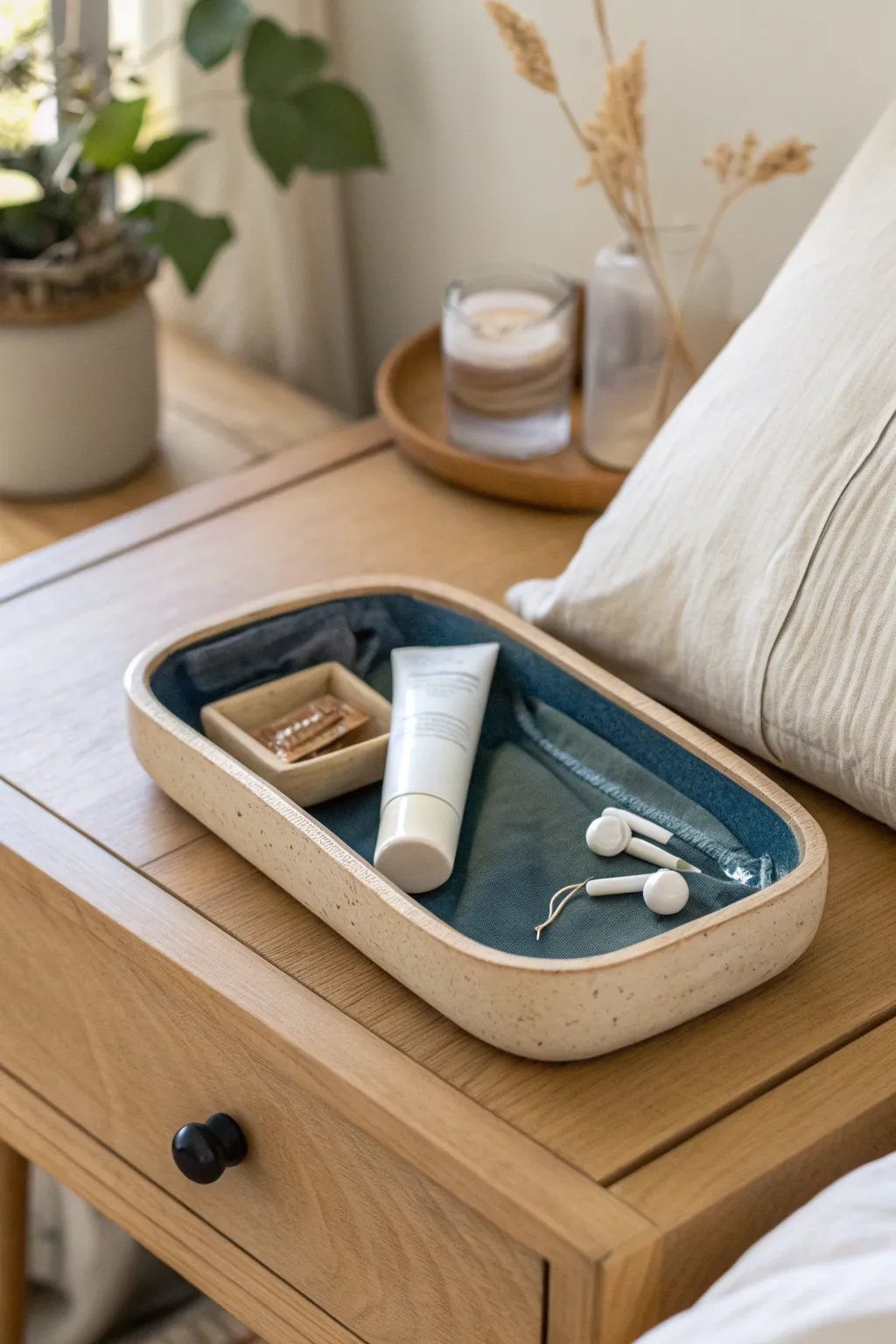 Slim handmade clay tray keeps bedside essentials tidy with Scandinavian calm and a bold color pop.