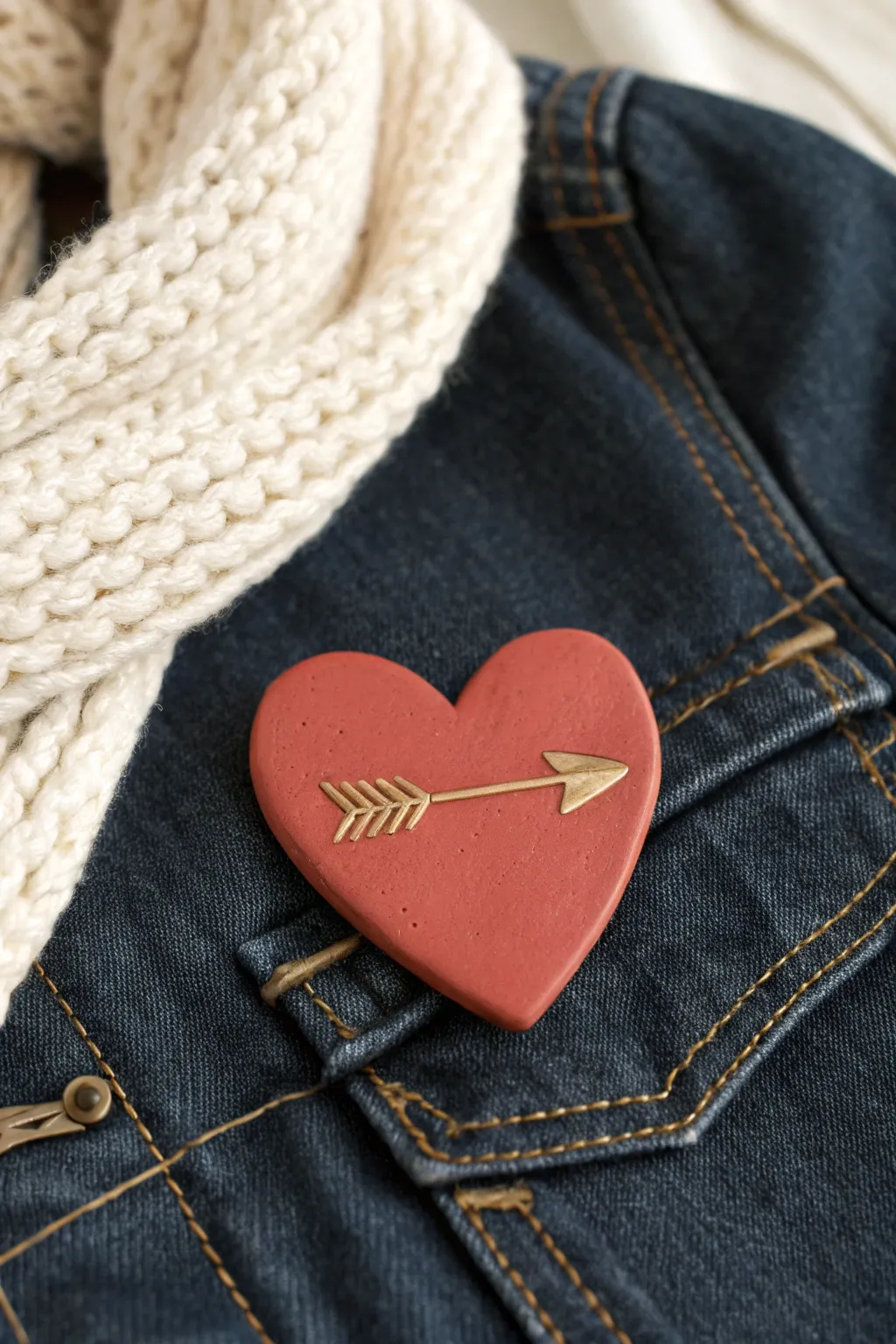 Cupids Arrow heart pin in bold red clay, styled on denim for minimalist Valentine charm.