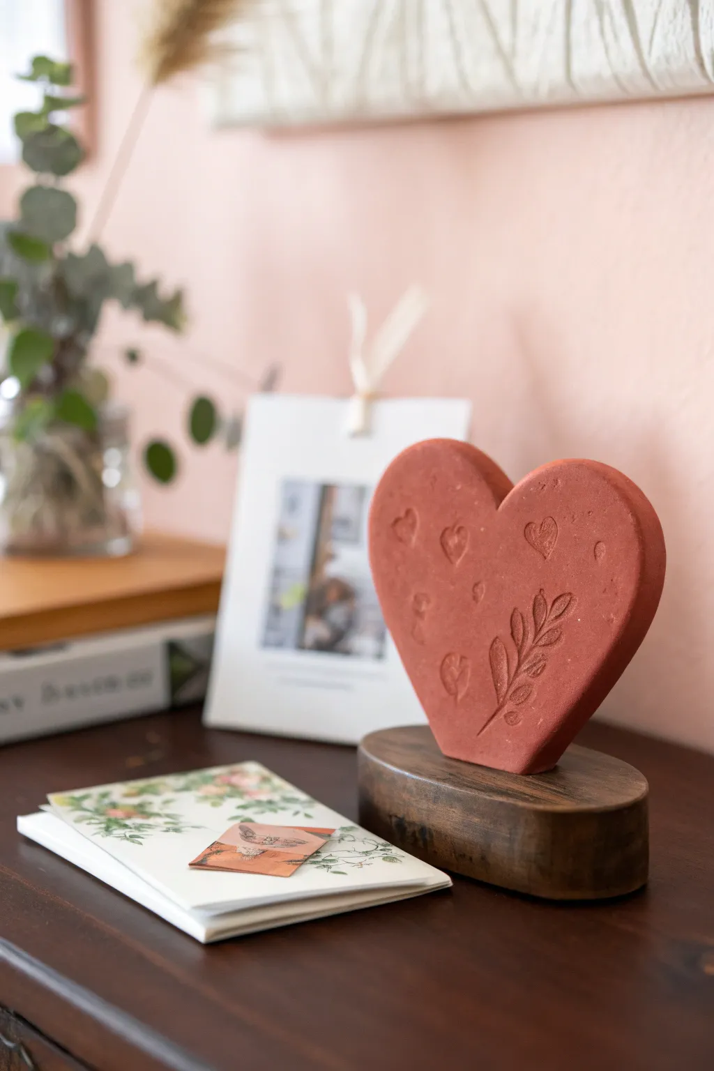 DIY heart photo holder plaque in air dry clay, minimalist and sweet for Valentines desk decor