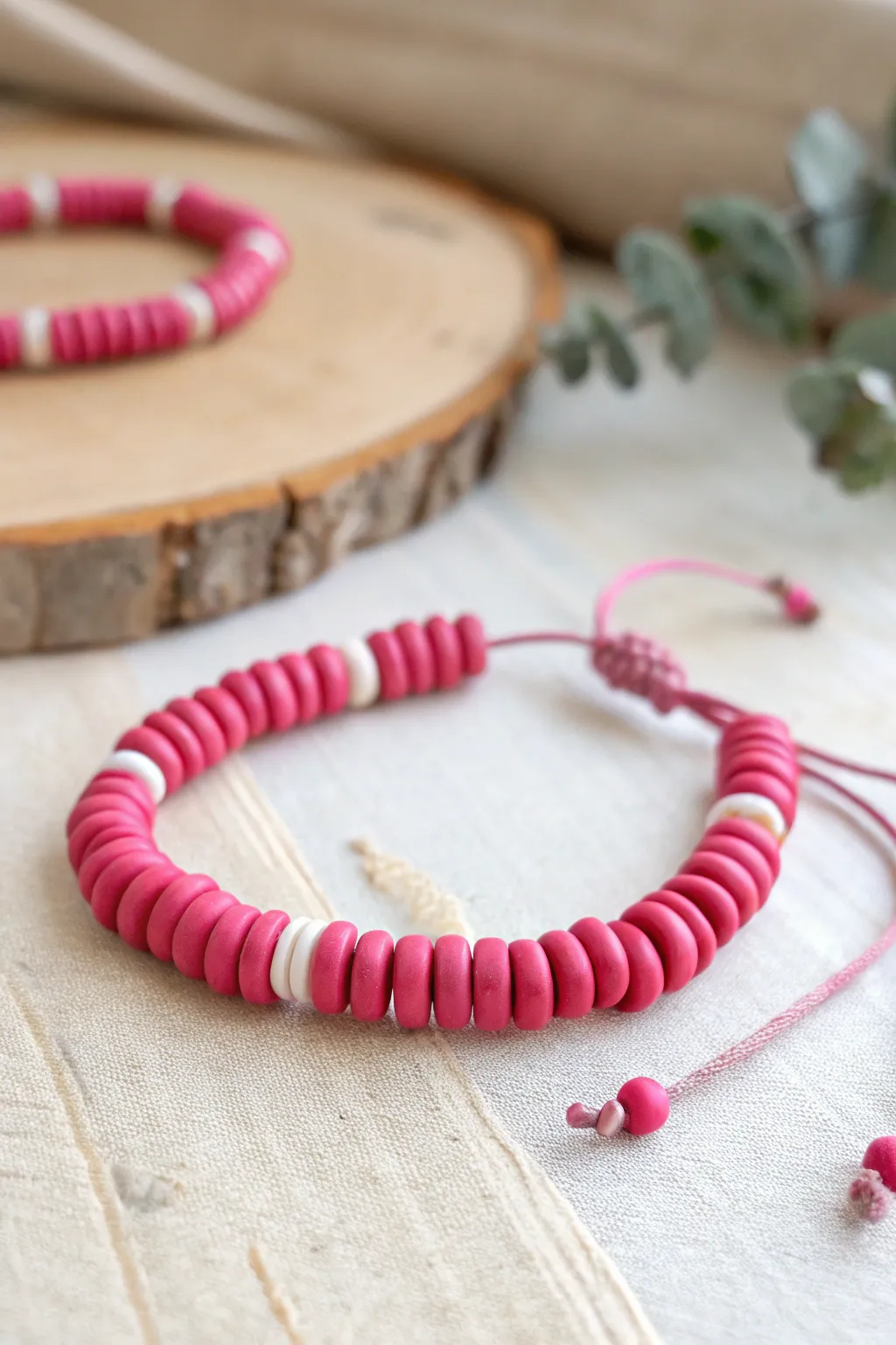 Hot pink clay disc bracelet with crisp white breaks, a bold minimalist Valentine statement.