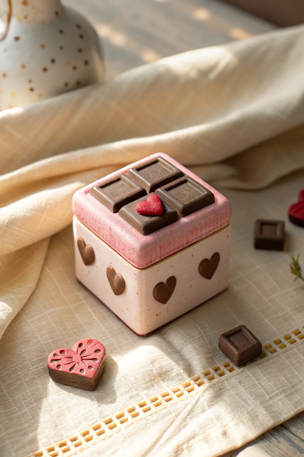 Tiny polymer clay faux chocolate box charm in pink and cocoa tones, minimalist and sweet.