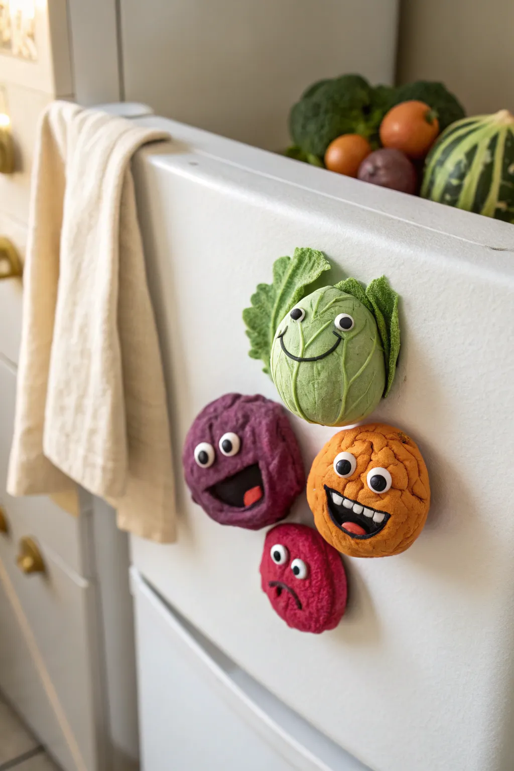 Screaming veggie clay magnets add quirky charm to a minimalist kitchen with bold color pops.