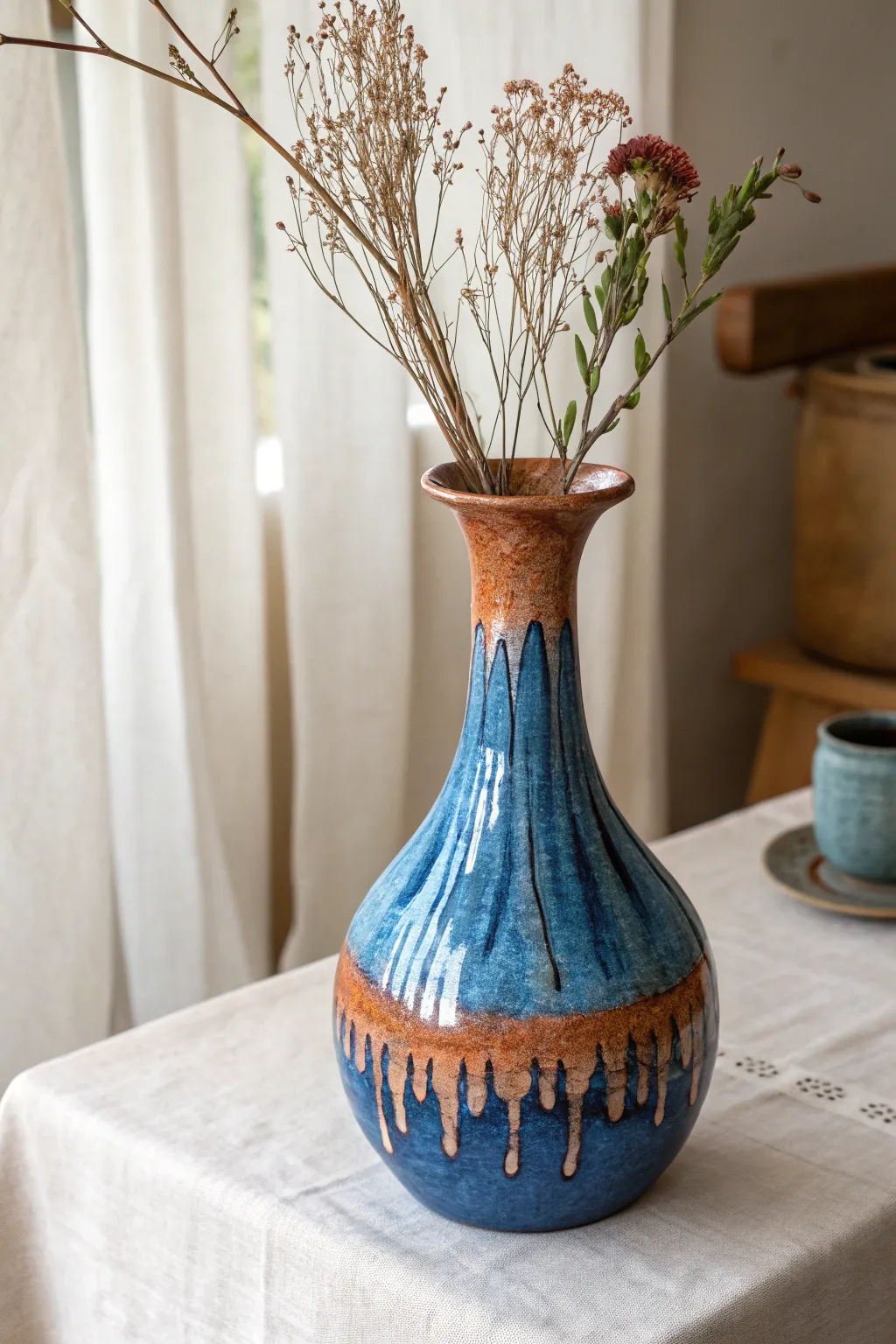 Wobbly on purpose: a leaning, drip-glazed vase that celebrates imperfect handmade charm.