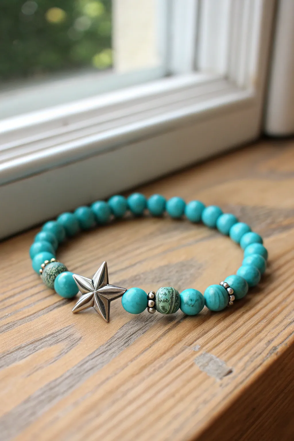 Turquoise clay beads with star concho stations for a bold, simple western bracelet look