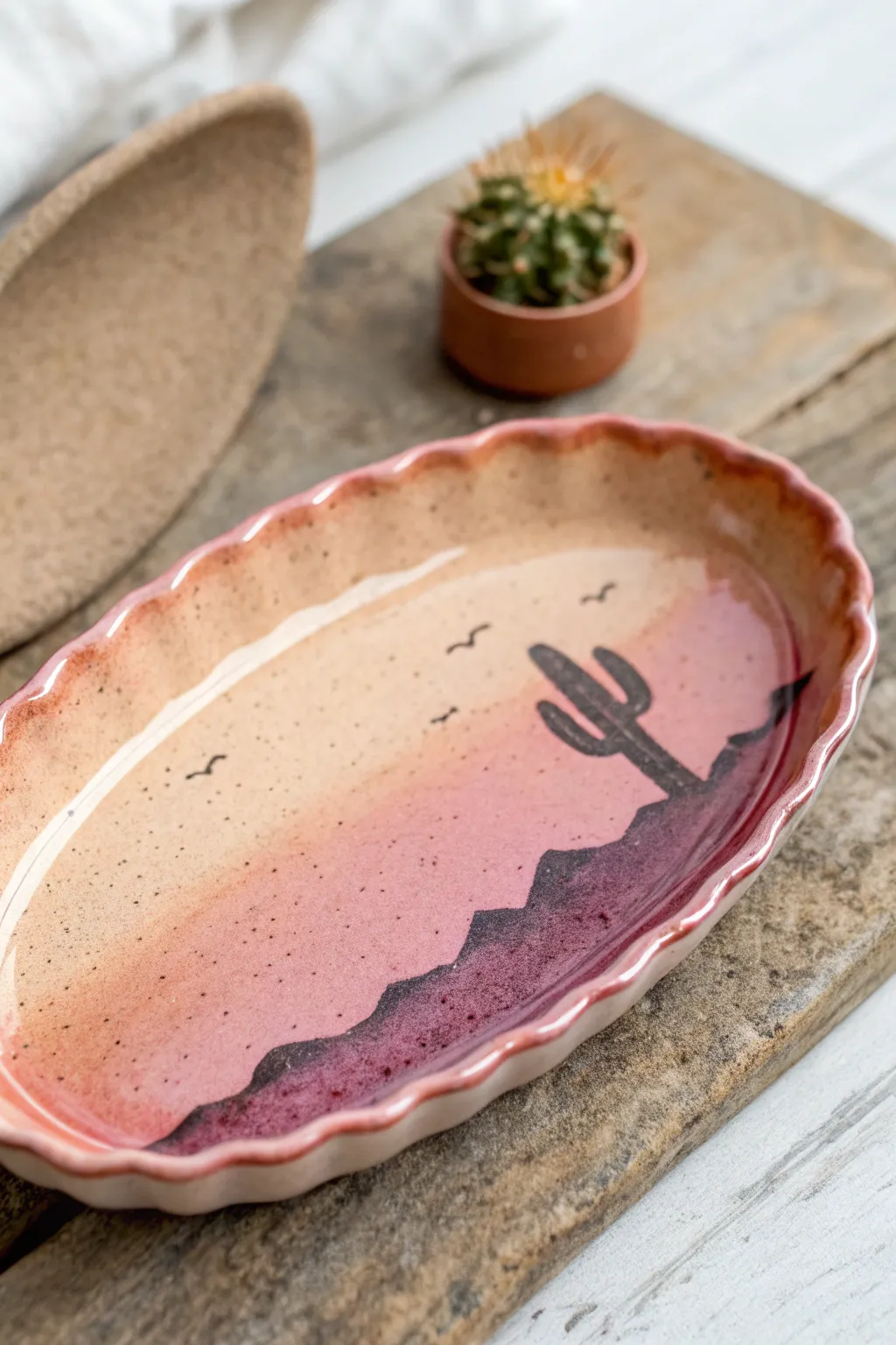 Desert sunset clay trinket tray in peach-to-purple glaze, rustic Western boho minimal vibe.