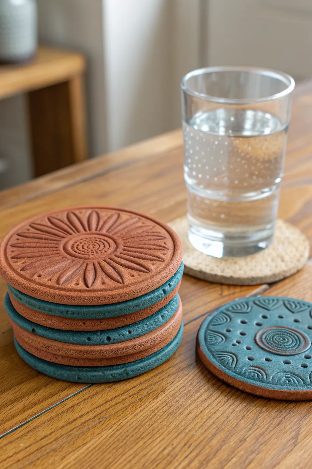 Textured clay coasters in bold earthy hues, stacked with a glass for cozy minimalist decor.