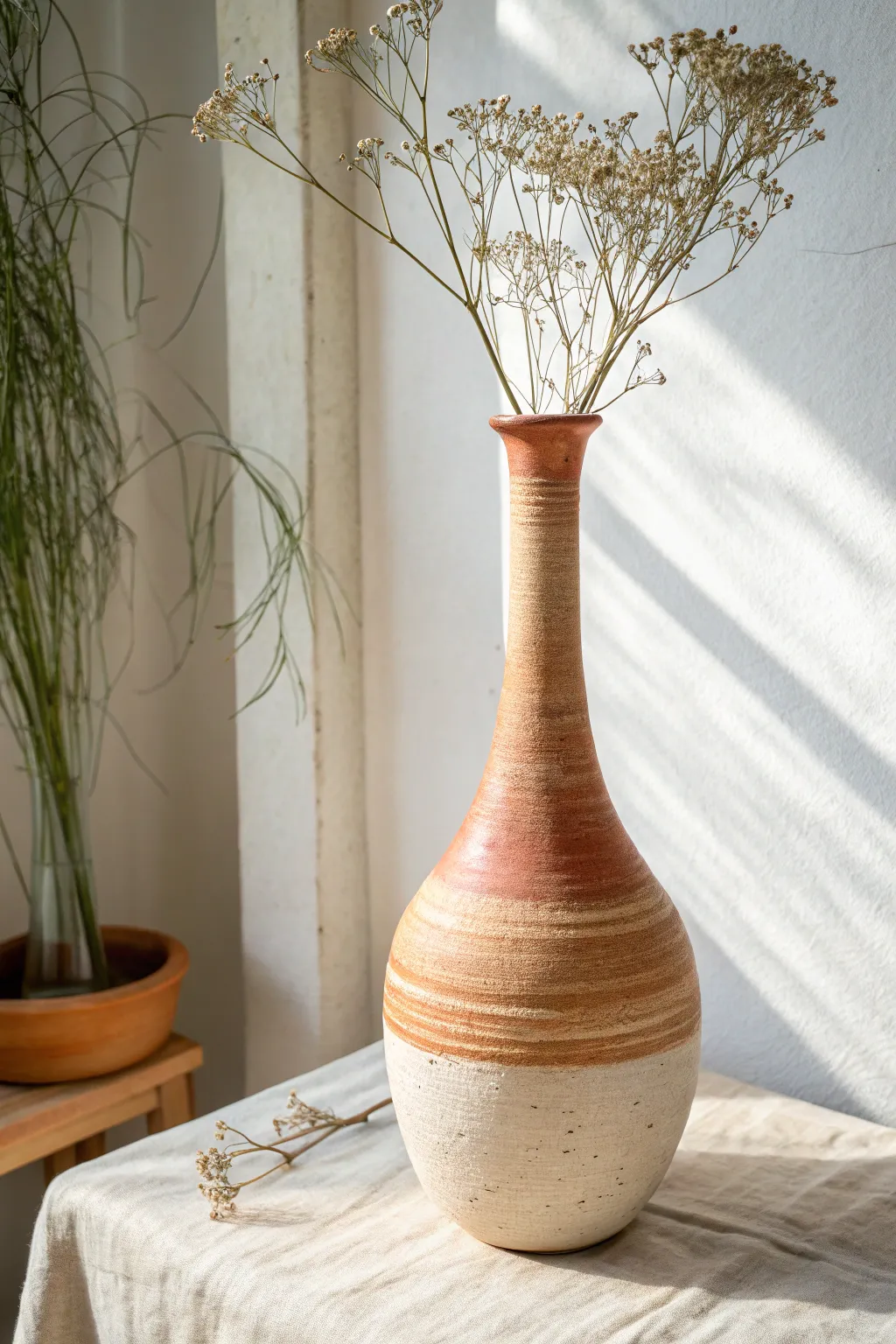 Wheel-thrown bottle vase with a long elegant neck, bold terracotta glaze, and clean minimalist lines.