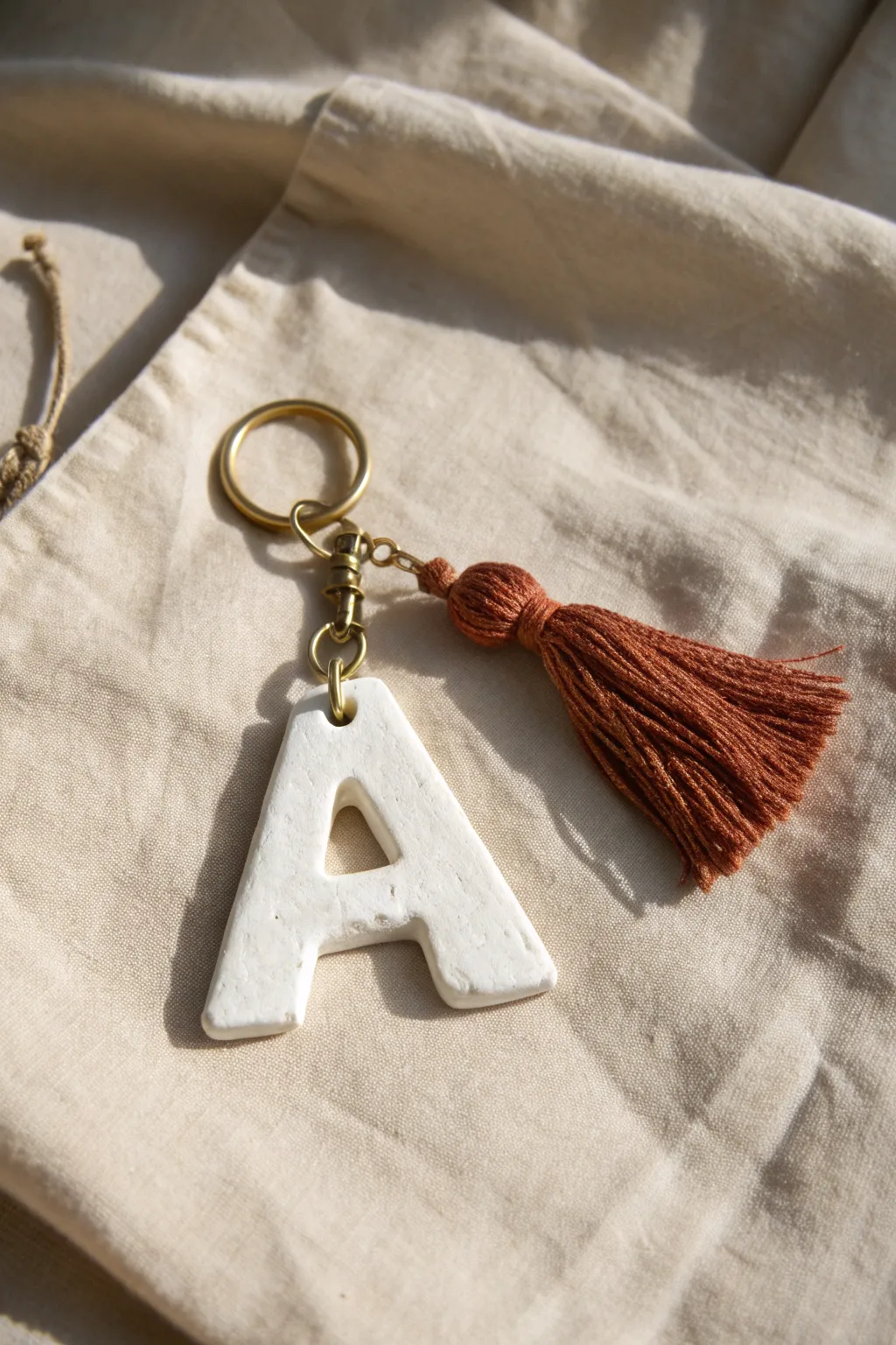 Minimalist white air dry clay initial keychain with brass ring and boho tassel, easy DIY gift.