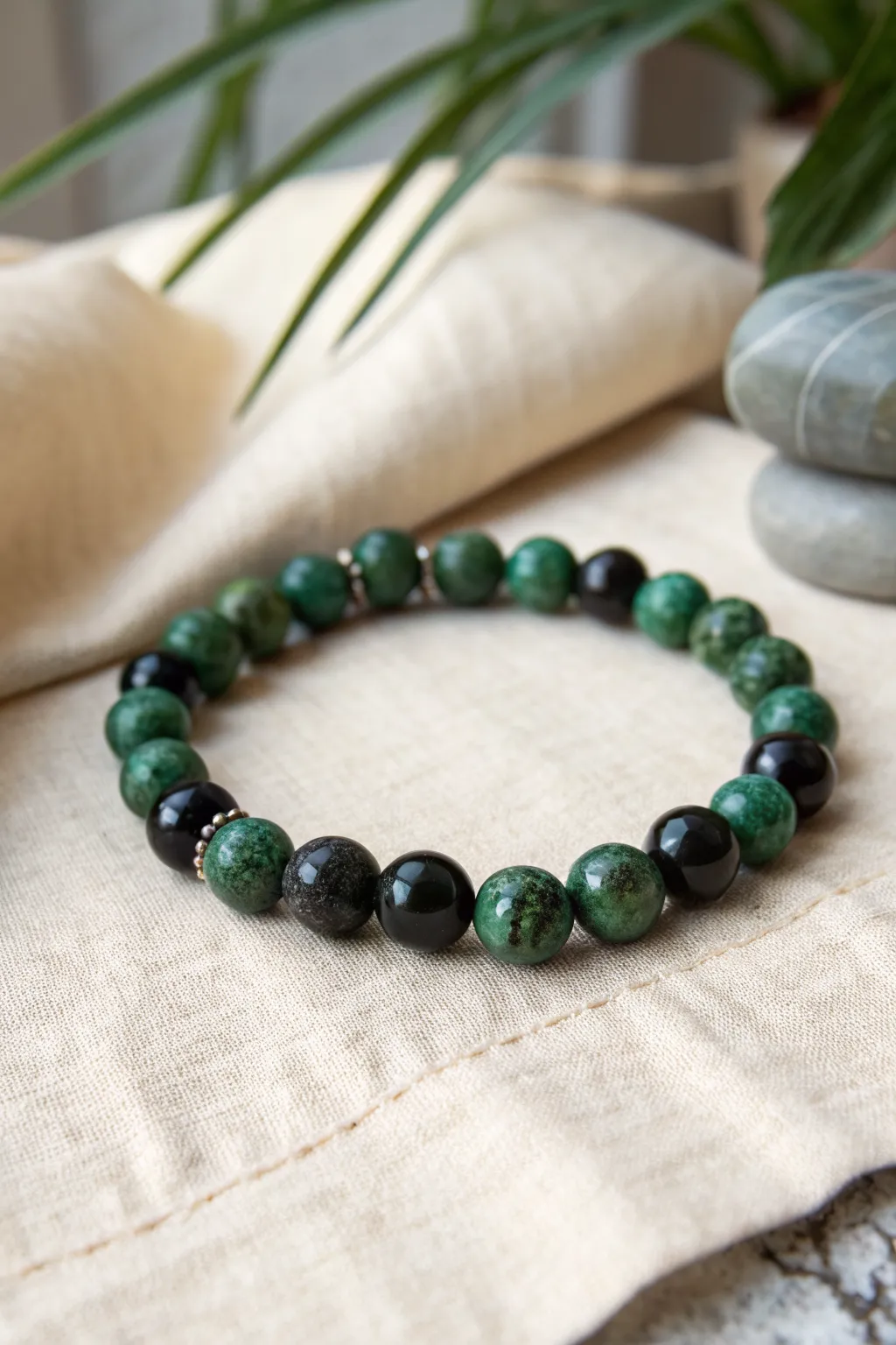 Moody green smoke marble clay beads with deep black accents for a wickedly chic bracelet.