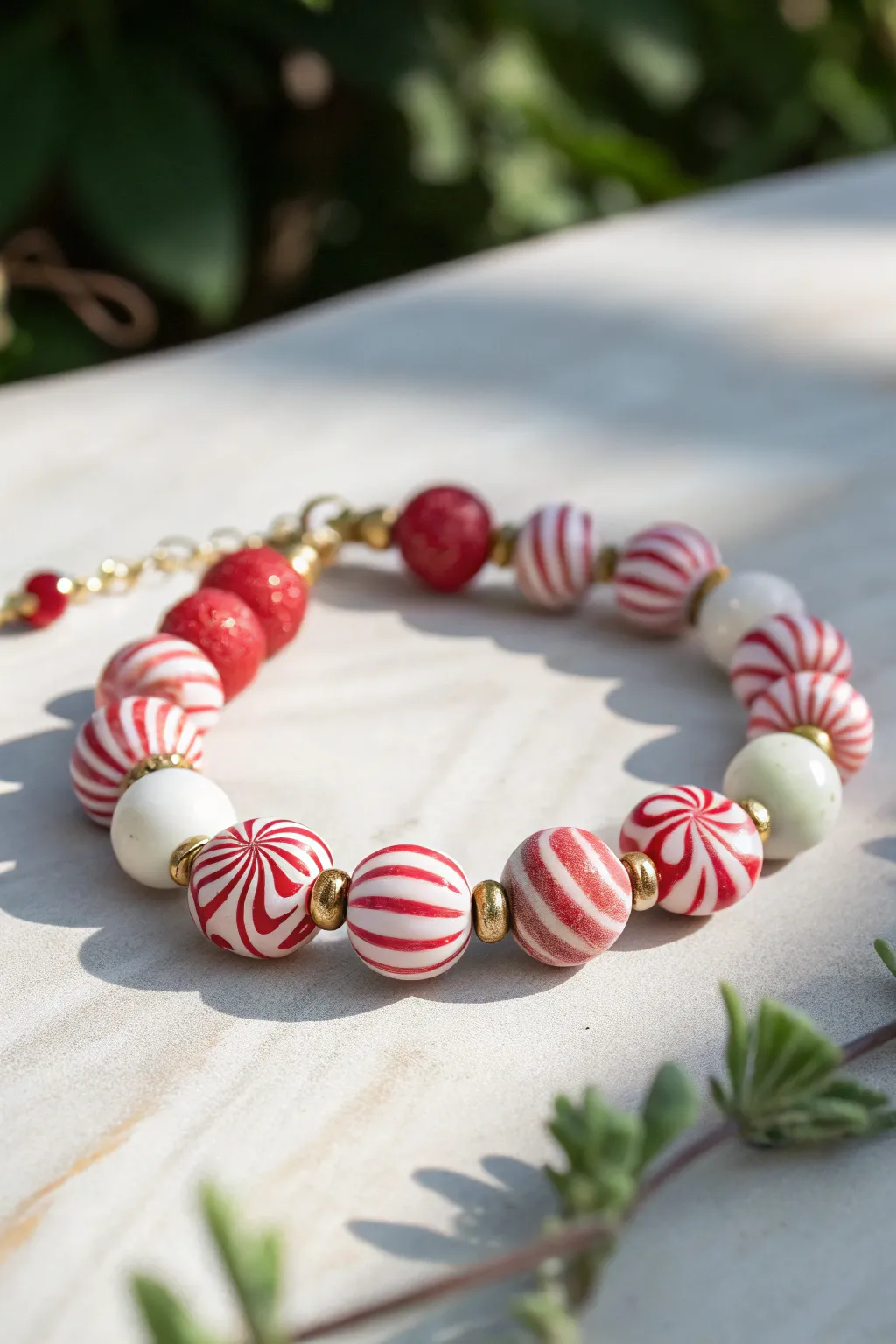 Peppermint swirl focal beads pop against crisp heishi accents for a playful winter bracelet.