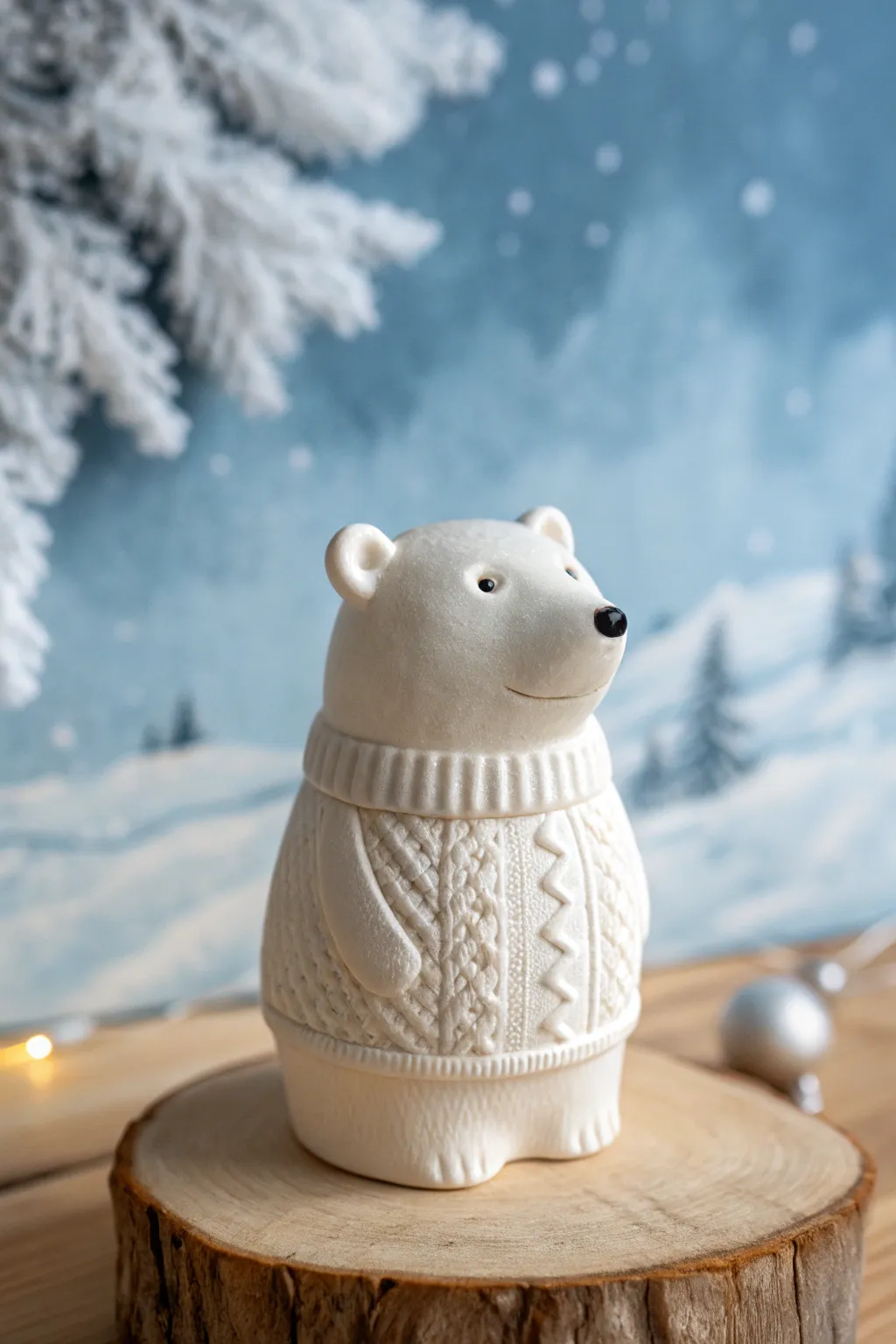 Cozy polar bear figurine with knit-sweater texture, perfect winter clay inspiration.