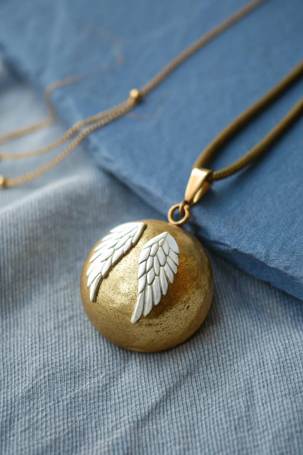 Winged golden orb pendant, minimalist wizard-school charm with Scandinavian calm and boho glow.