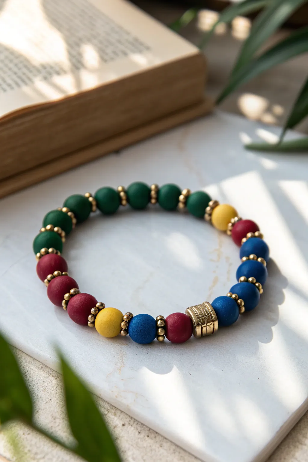 Bold house colors with gold spacers create a clean uniform bracelet pattern with wizarding vibes.