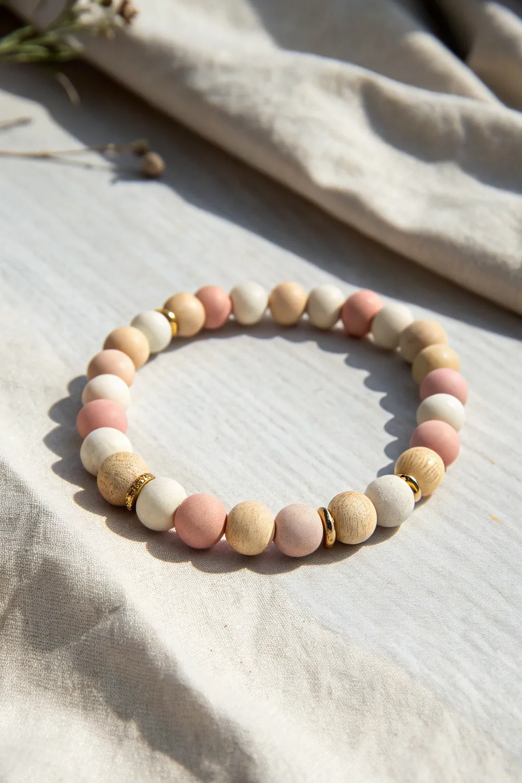 Pastel clay bead bracelet with rhythmic spacers, airy Scandinavian styling and cozy daylight.