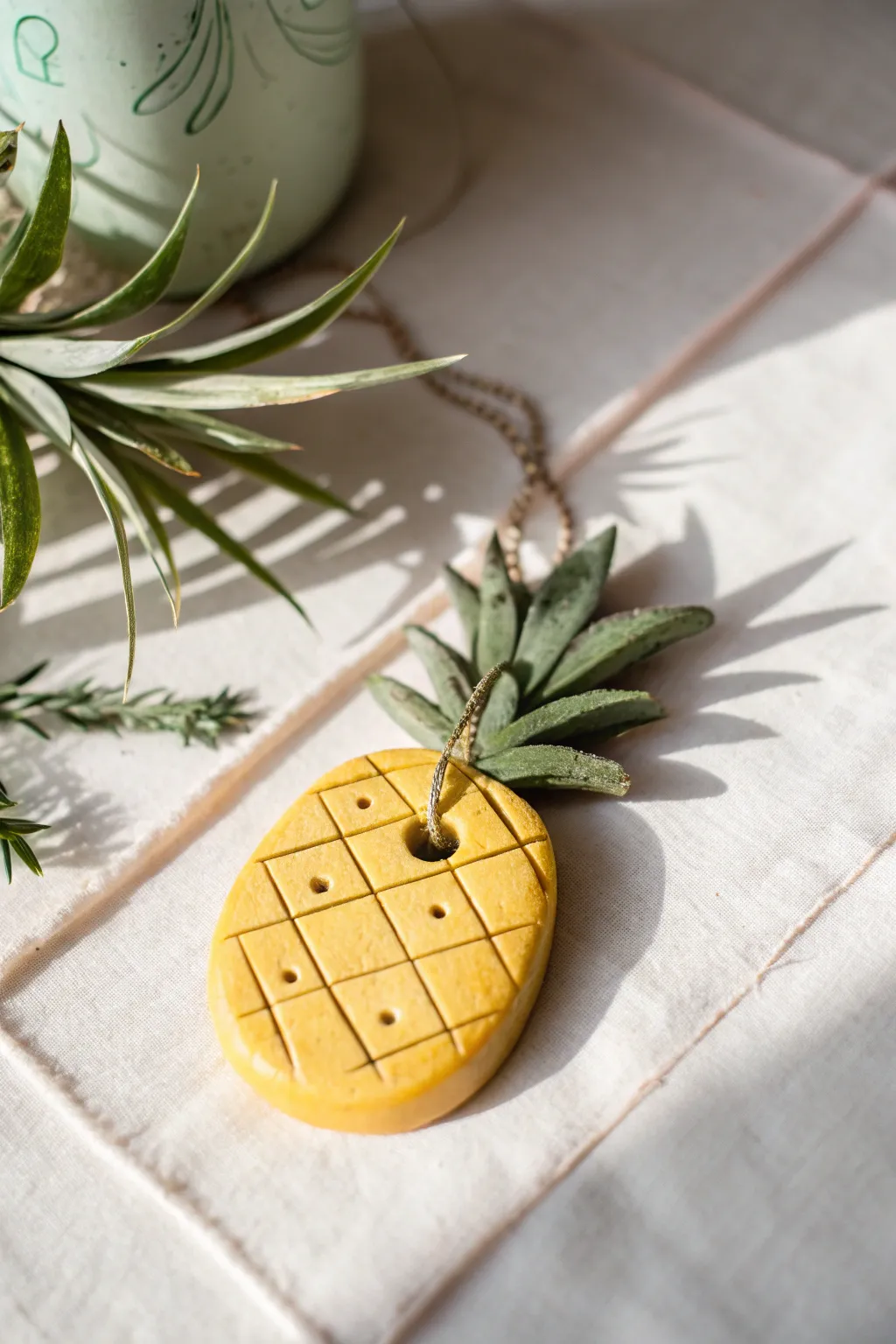Mini yellow clay pineapple charm with simple texture and bold color on a soft pastel backdrop