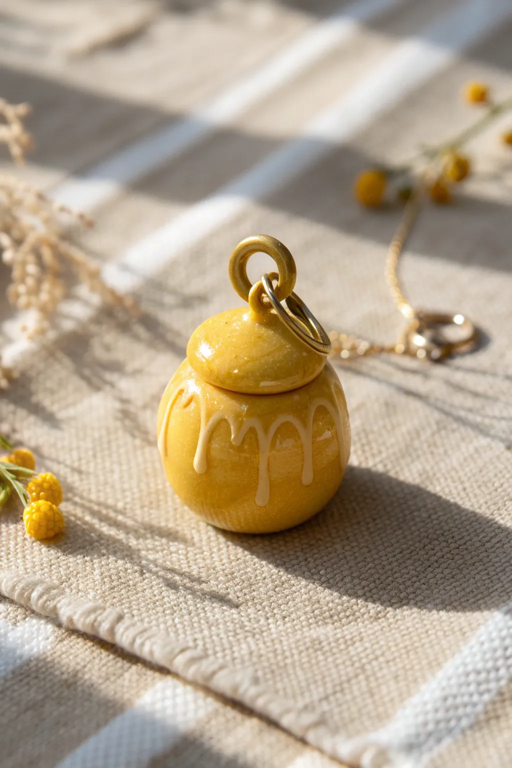 Warm yellow drippy honey pot charm in minimalist Scandinavian styling, bold contrast and cozy boho vibe