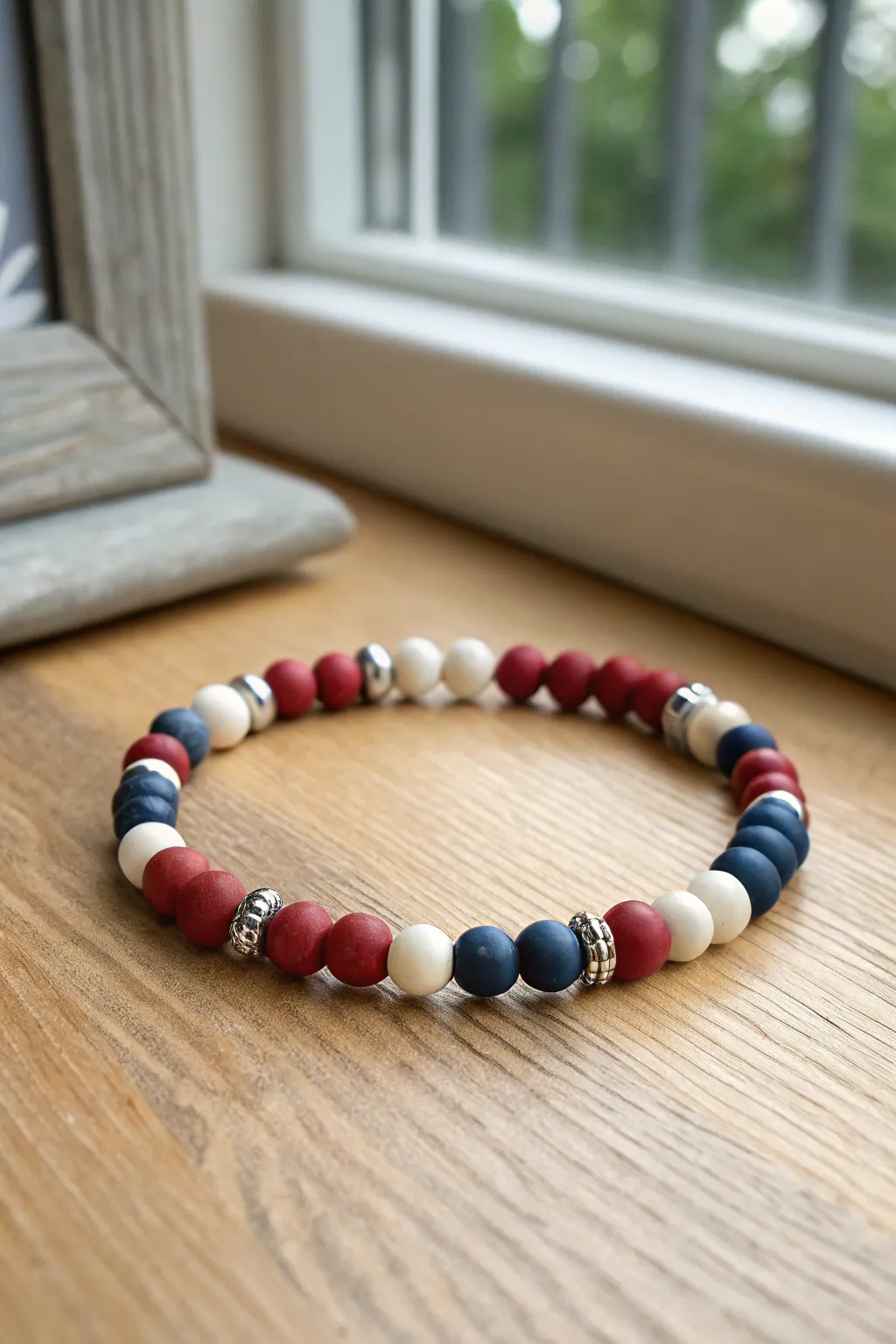 Red, white, and blue clay beads elevated with sleek metallic spacers for a polished 4th look.