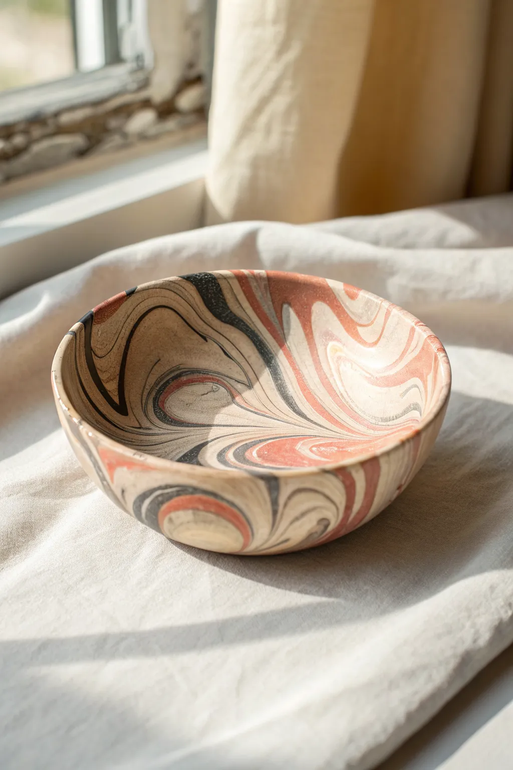 Nerikomi swirl slab dish with stone-like marbling, minimalist and softly boho, made to inspire
