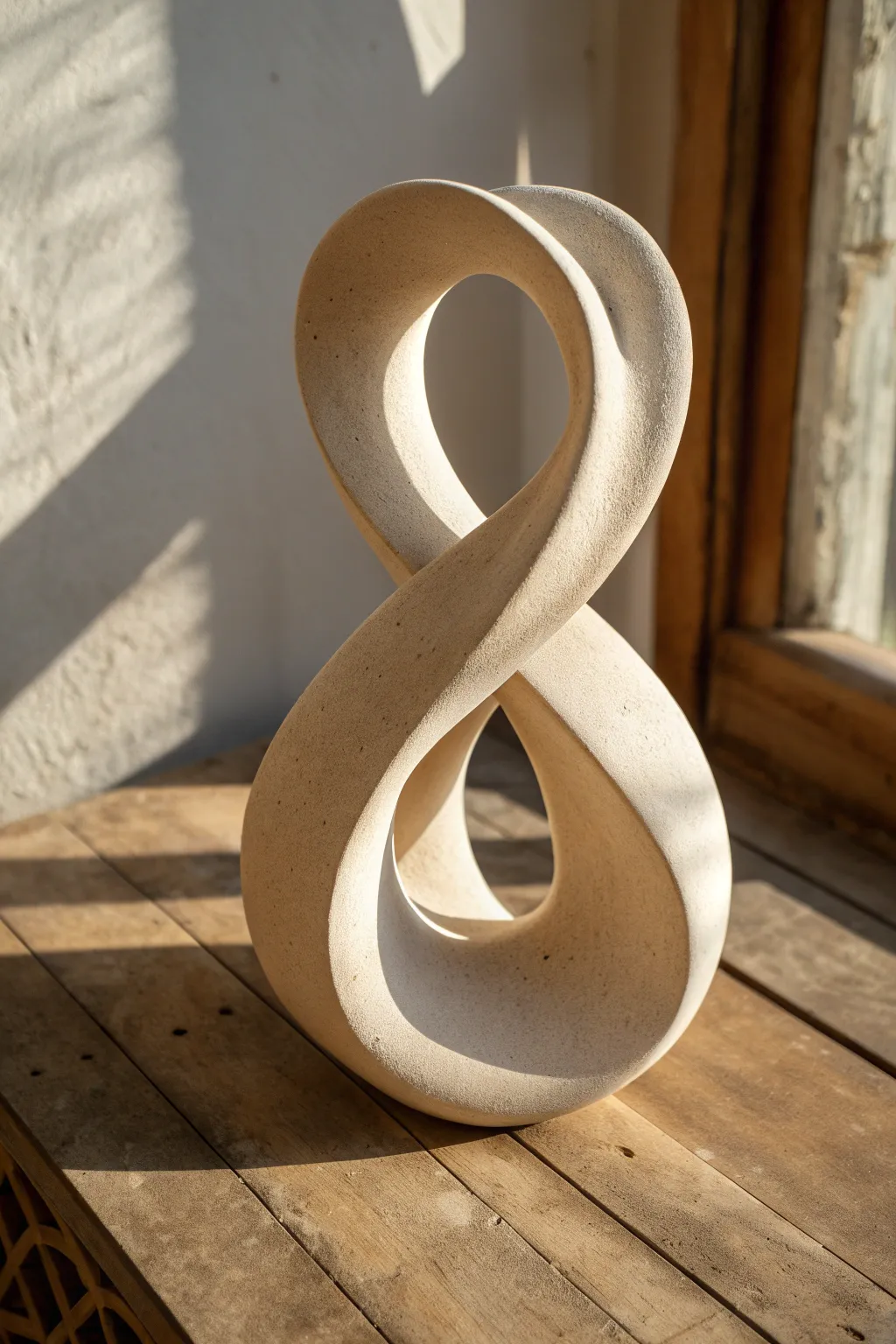 Ribbon twist knot sculpture with soft side light, showcasing clean planes and an abstract silhouette