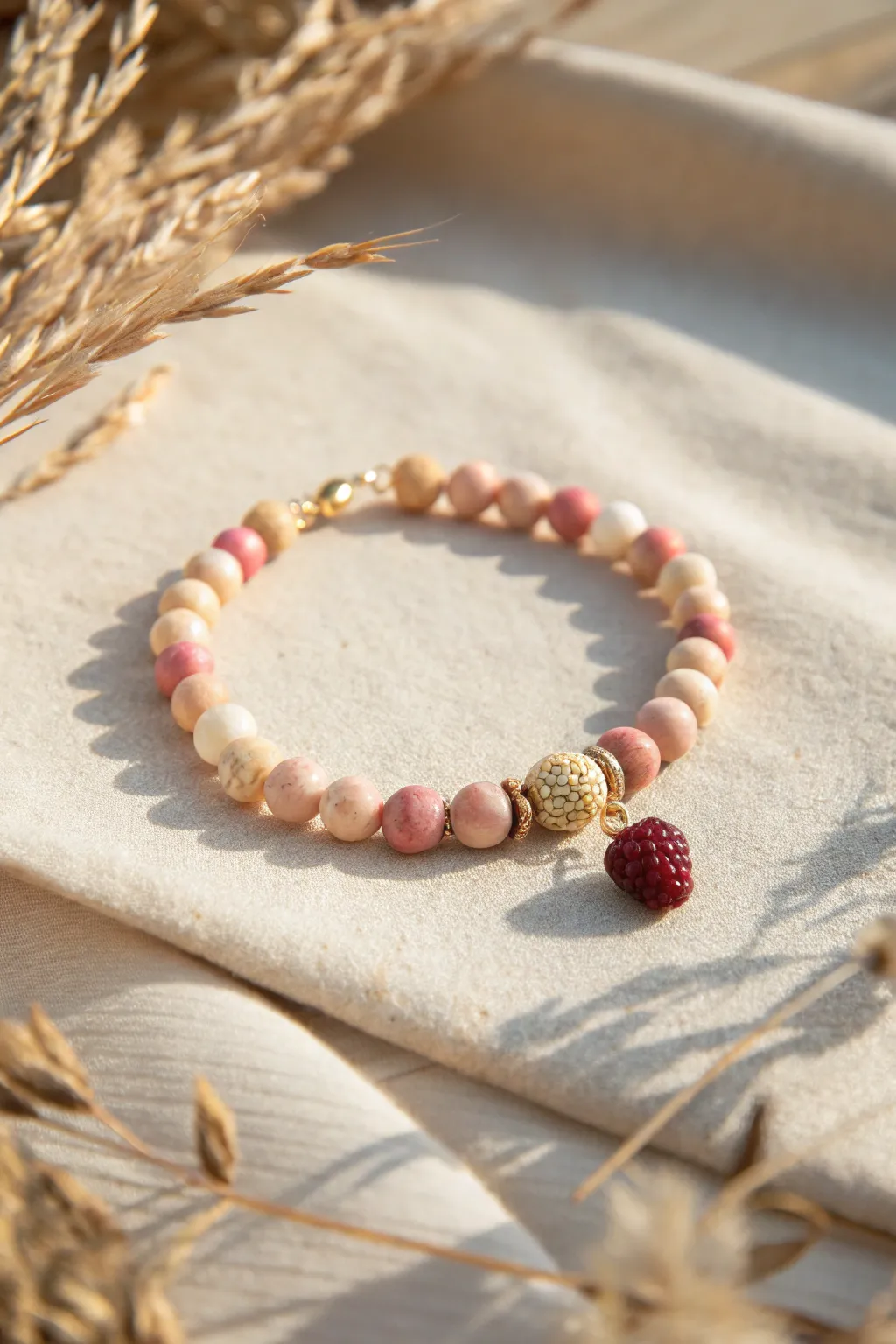 Soft blush clay beads with a tiny berry charm for sweet, minimalist summer bracelet vibes.
