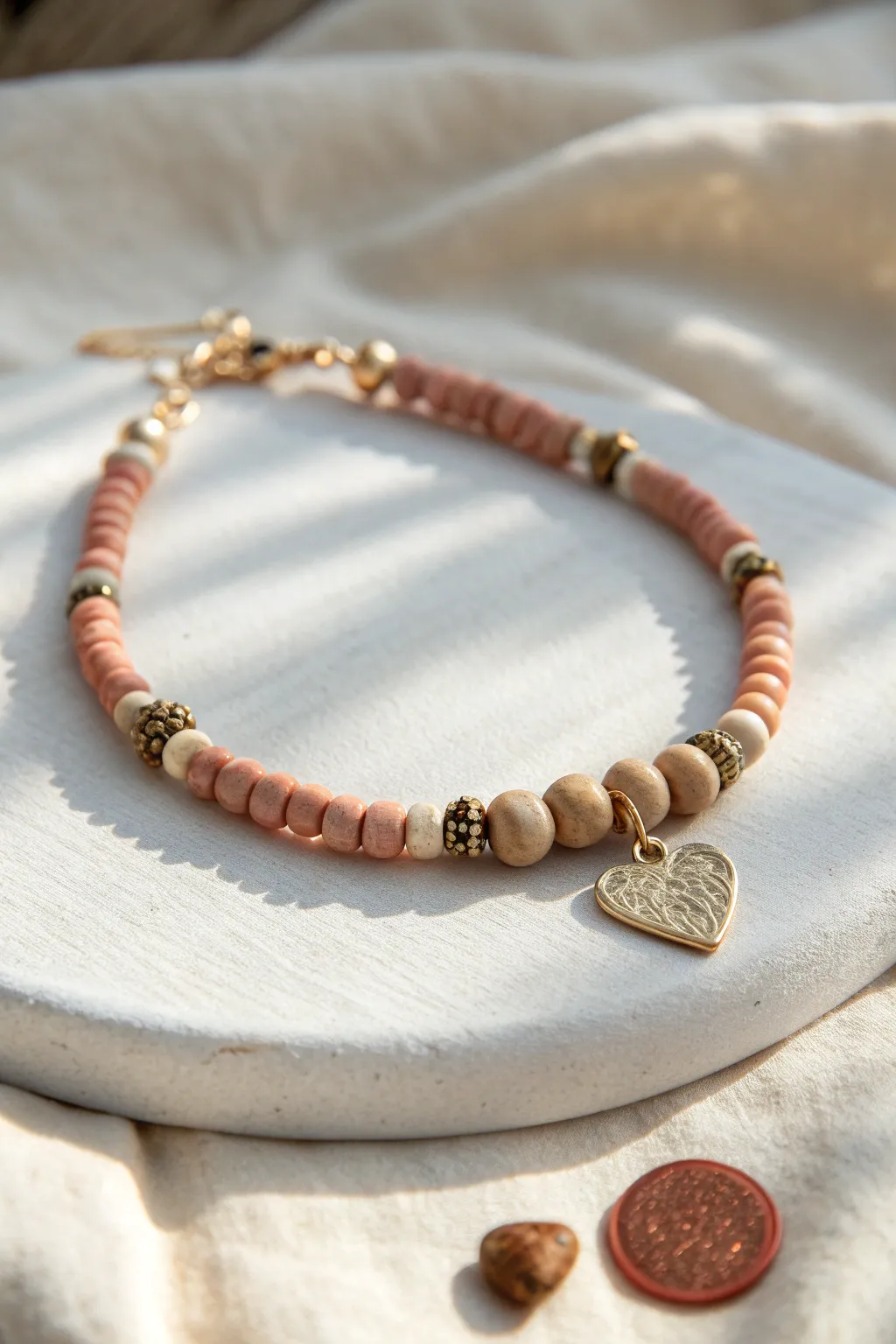 Tiny clay heart charm bracelet with blush heishi beads, minimalist boho style and soft shadows.