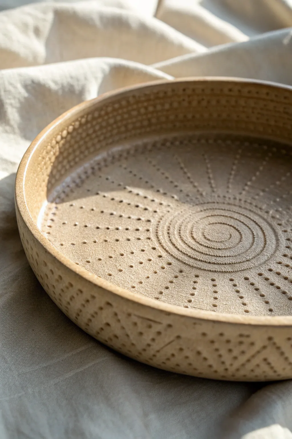 Stamped texture clay dish in matte neutral tones, minimal boho style, ideal for rings.