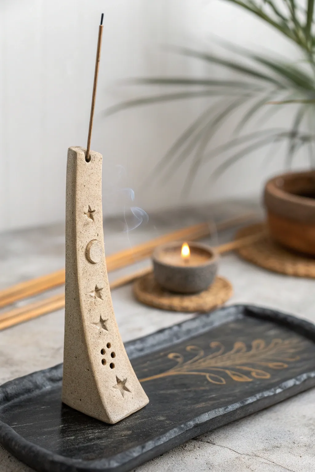 Slim sandy-beige incense holder with tiny moon and star imprints on a minimalist stone tray.